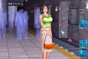 A screenshot from the video game RapeLay (2006) of a busty woman in a green top and tan skirt holding a purse, standing on a subway platform. 